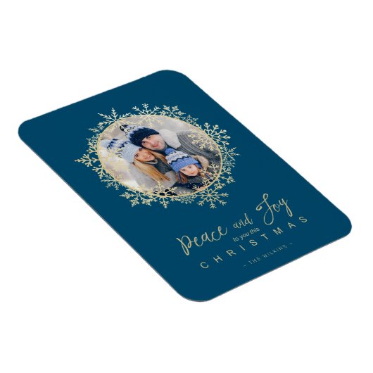 金ゴールドの雪片メリークリスマスラウンドファミリーフォト マグネット (右側)