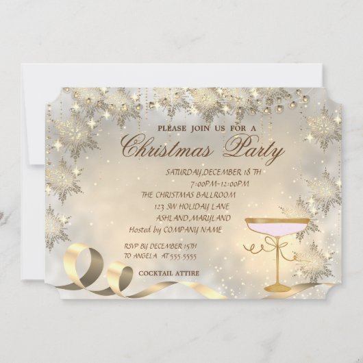 金ゴールドの雪片、ガラス企業ののクリスマスパーティー 招待状 (正面)