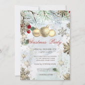 金ゴールドの雪片、クリスマスボールブランチのクリスマス 招待状 (正面)