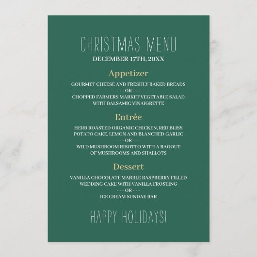 金ゴールドの雪片、クリスマスメニュー メニュー (正面)