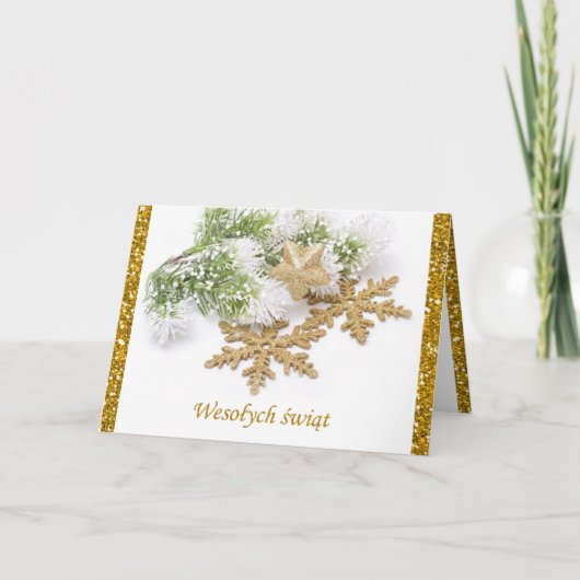 金ゴールドの雪片，スプルースポーランドのクリスマスカード シーズンカード (正面)