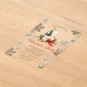 金ゴールドの雪片、ポインセチア・ワイン会社パーティー アクリル招待状 (レイダウン)