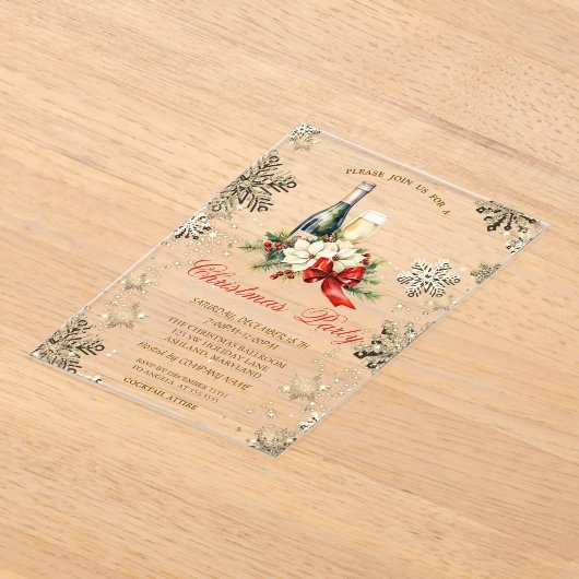 金ゴールドの雪片、ポインセチア・ワイン会社パーティー アクリル招待状 (レイダウン)