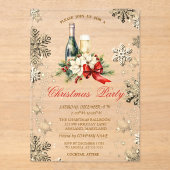 金ゴールドの雪片、ポインセチア・ワイン会社パーティー アクリル招待状 (正面)