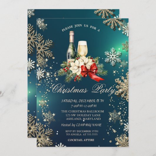 金ゴールドの雪片、ポインセチア・ワイン会社パーティー 招待状 (正面/裏面)