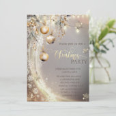 金ゴールドの雪片、ヴィンテージボール、ライトクリスマス 招待状 (スタンド正面)