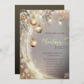 金ゴールドの雪片、ヴィンテージボール、ライトクリスマス 招待状 (正面/裏面)