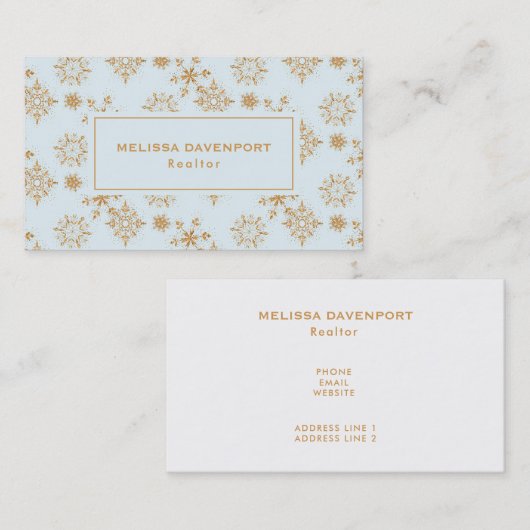 金ゴールドの雪霜の降りた片の青いクリスマス 名刺 (正面/裏面)