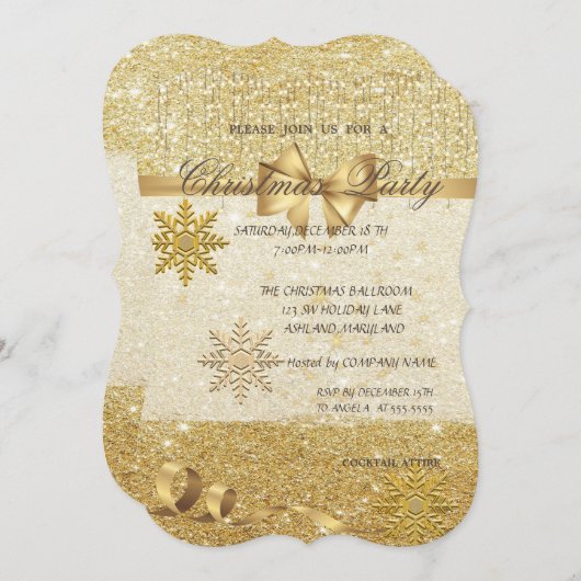 金ゴールドの雪、きらびやかな、会社のクリスマスパーティー 招待状 (正面/裏面)