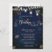 金ゴールドの雪、オーナメント、ライトブルークリスマス 招待状 (正面)