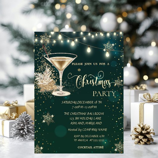 金ゴールドの雪、ガラス、ライトグリーンクリスマス 招待状
