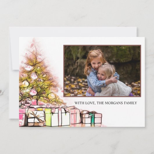 金ゴールドの雪、クリスマスツリー、プレゼントあなたの写真 (正面)