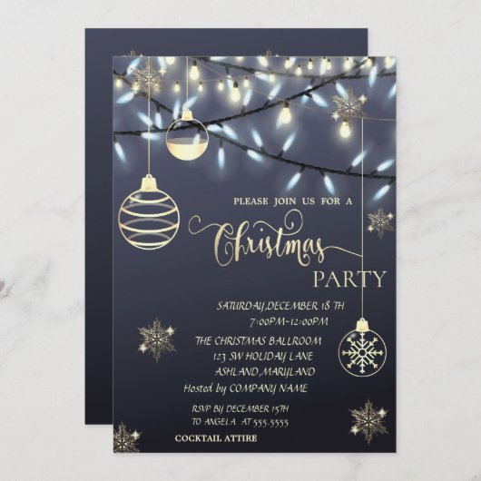 金ゴールドの雪、ボール、ライトクリスマスパーティー 招待状 (正面/裏面)