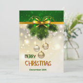 金ゴールドの雪、ボール、ライトグリーンクリスマス 招待状 (スタンド正面)