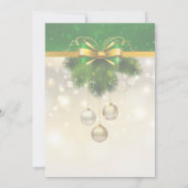 金ゴールドの雪、ボール、ライトグリーンクリスマス 招待状 (裏面)