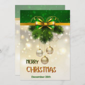 金ゴールドの雪、ボール、ライトグリーンクリスマス 招待状 (正面/裏面)