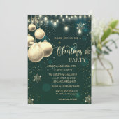 金ゴールドの雪、ボール、ライトグリーンクリスマス 招待状 (スタンド正面)
