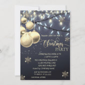 金ゴールドの雪、ボール、ライトブルークリスマスパーティー 招待状 (正面)