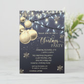 金ゴールドの雪、ボール、ライトブルークリスマスパーティー 招待状 (スタンド正面)