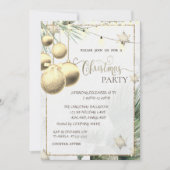 金ゴールドの雪、ボール、ライト、枝のクリスマス 招待状 (正面)