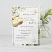 金ゴールドの雪、ボール、ライト、枝のクリスマス 招待状 (スタンド正面)