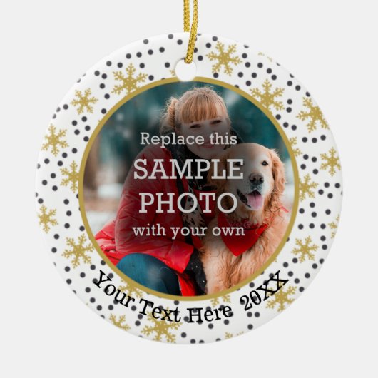 金ゴールドの雪、2枚の写真、両面 セラミックオーナメント (正面)