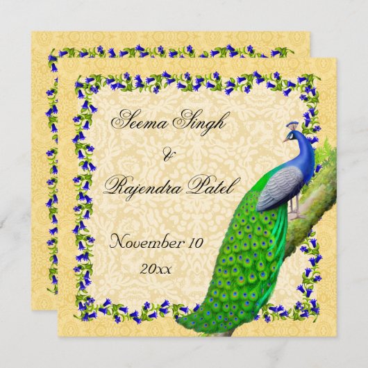 金ゴールドの青いインドの孔雀の保存日付の招待 セーブザデート (正面/裏面)