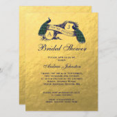 金ゴールドの青い孔雀のブライダルシャワー 招待状 (正面/裏面)