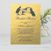 金ゴールドの青い孔雀のブライダルシャワー 招待状 (スタンド正面)