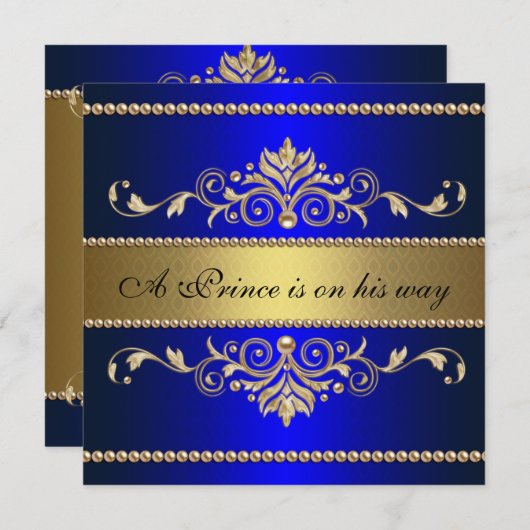 金ゴールドの青い華麗さパターン男の子のベビーシャワー 招待状 (正面/裏面)