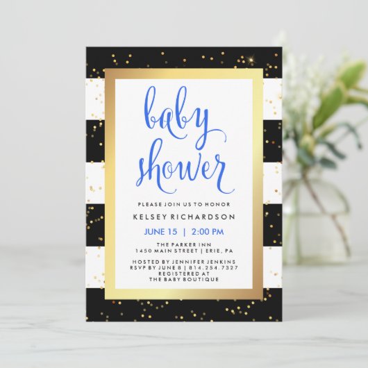 金ゴールドの青が付いている白黒ストライプのベビーシャワー 招待状 (スタンド正面)