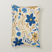 金ゴールドの青と白のフローラと渦巻き アクセントクッション (裏面(縦))