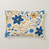 金ゴールドの青と白のフローラと渦巻き アクセントクッション (裏面)