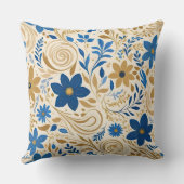 金ゴールドの青と白のフローラと渦巻き クッション (裏面)