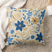 金ゴールドの青と白のフローラと渦巻き クッション (ブランケット)