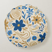 金ゴールドの青と白のフローラと渦巻き ラウンドクッション (裏面)