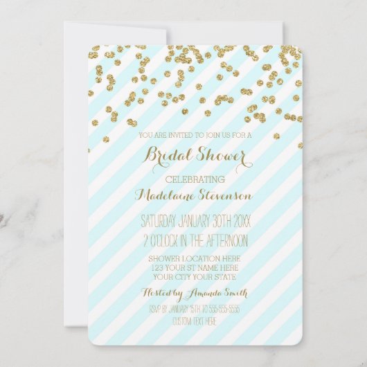 金ゴールドの青緑のストライプのブライダルシャワー招待状 招待状 (裏面)