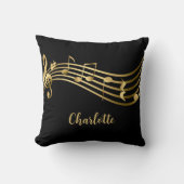 金ゴールドの音符の黒いエレガントミュージシャン クッション (正面)