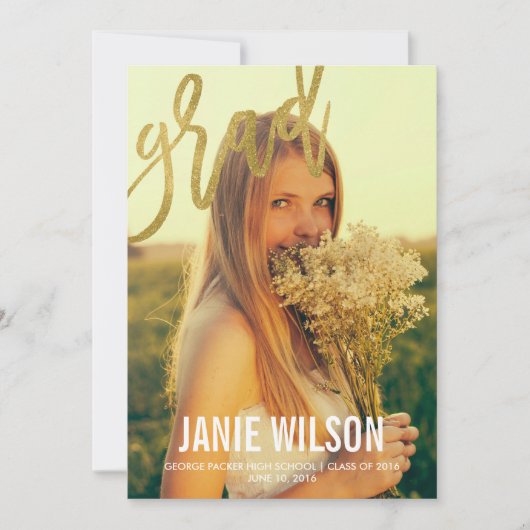 金ゴールドの魅力のモダンな原稿の卒業の発表 案内状 (正面)