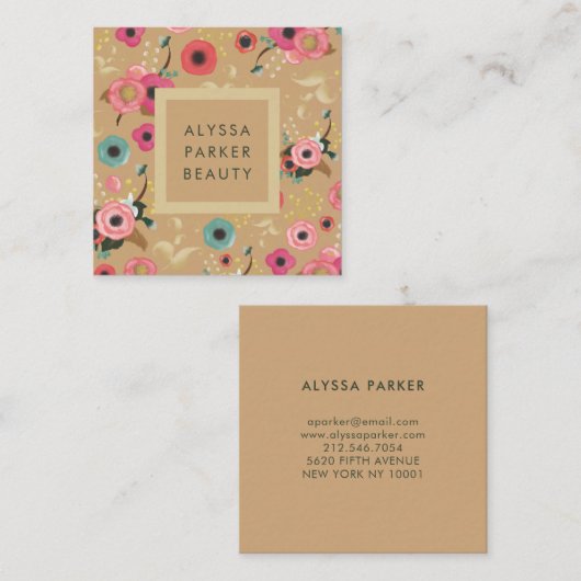 金ゴールドの鮮やかな|カラフルでモダンな花柄 スクエア名刺 (正面/裏面)