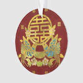 金ゴールドの鳥との二重幸福の記号 オーナメント (正面)