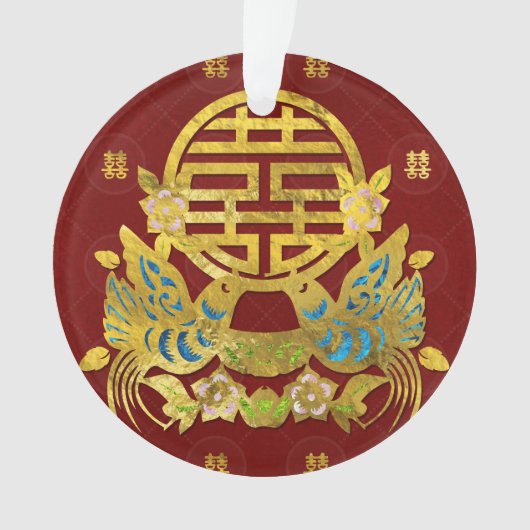 金ゴールドの鳥との二重幸福の記号 オーナメント (正面)