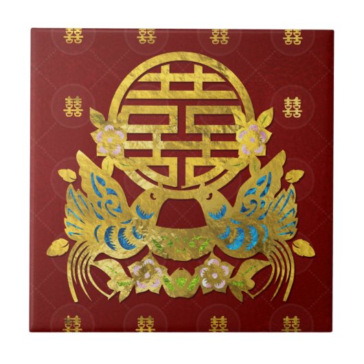 金ゴールドの鳥との二重幸福の記号 タイル (正面)