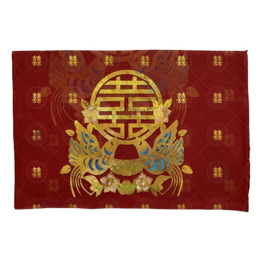 金ゴールドの鳥との二重幸福の記号 枕カバー (正面)