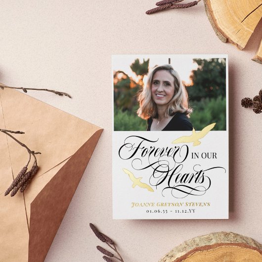 金ゴールドの鳥と書道は永遠に私たちのハート 箔招待状ポストカード