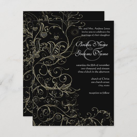 金ゴールドの鳥と渦巻き結婚式招待状 招待状 (正面/裏面)