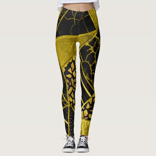 金ゴールドの黒い三角形のテクスチャの錯覚 レギンス (正面)