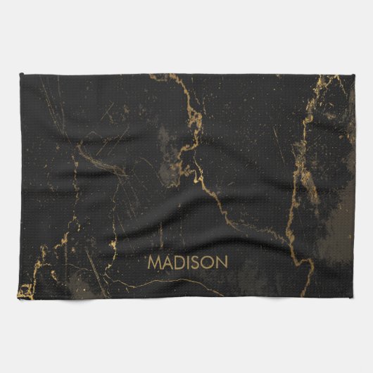 金ゴールドの黒い大理石 キッチンタオル (横)