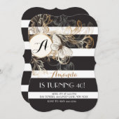 金ゴールドの黒い花柄のストライプの誕生日のパーティの招待状 招待状 (正面/裏面)