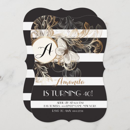金ゴールドの黒い花柄のストライプの誕生日のパーティの招待状 招待状 (正面/裏面)
